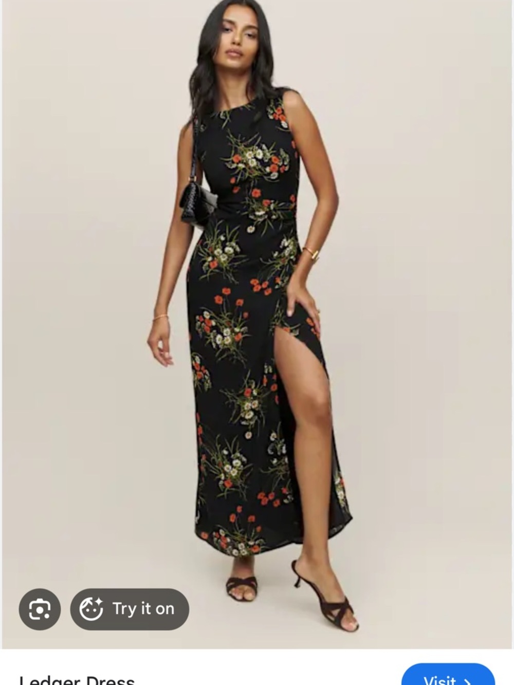 Reformation Ledger Black Floral High-Slit Maxi Dress